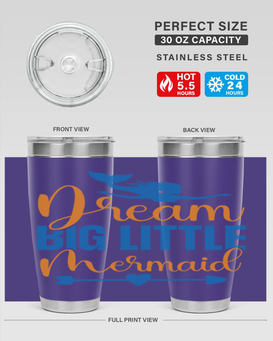 Dream Big Little Mermaid tumbler in vibrant colors, showcasing its double wall stainless steel design and drink-thru lid.