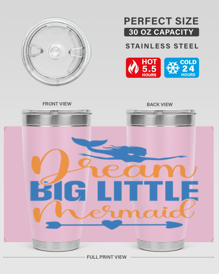 Dream Big Little Mermaid tumbler in vibrant colors, showcasing its double wall stainless steel design and drink-thru lid.