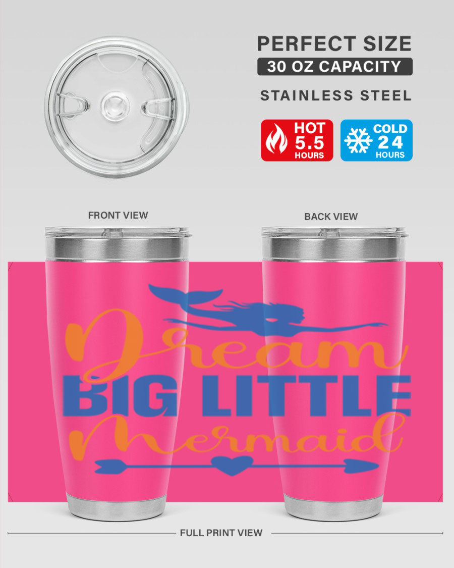 Dream Big Little Mermaid tumbler in vibrant colors, showcasing its double wall stainless steel design and drink-thru lid.