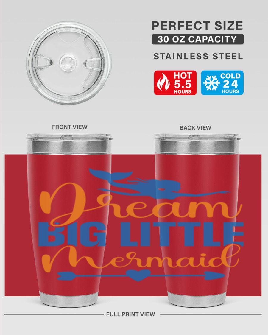 Dream Big Little Mermaid tumbler in vibrant colors, showcasing its double wall stainless steel design and drink-thru lid.