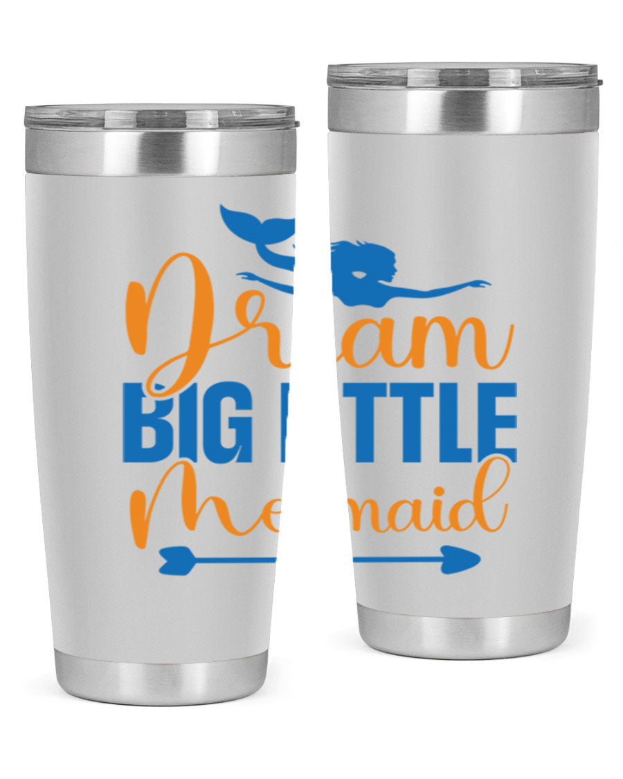 Dream Big Little Mermaid tumbler in vibrant colors, showcasing its double wall stainless steel design and drink-thru lid.