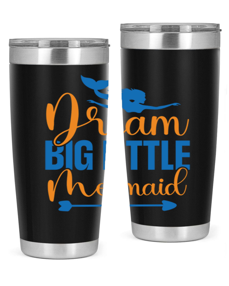 Dream Big Little Mermaid tumbler in vibrant colors, showcasing its double wall stainless steel design and drink-thru lid.