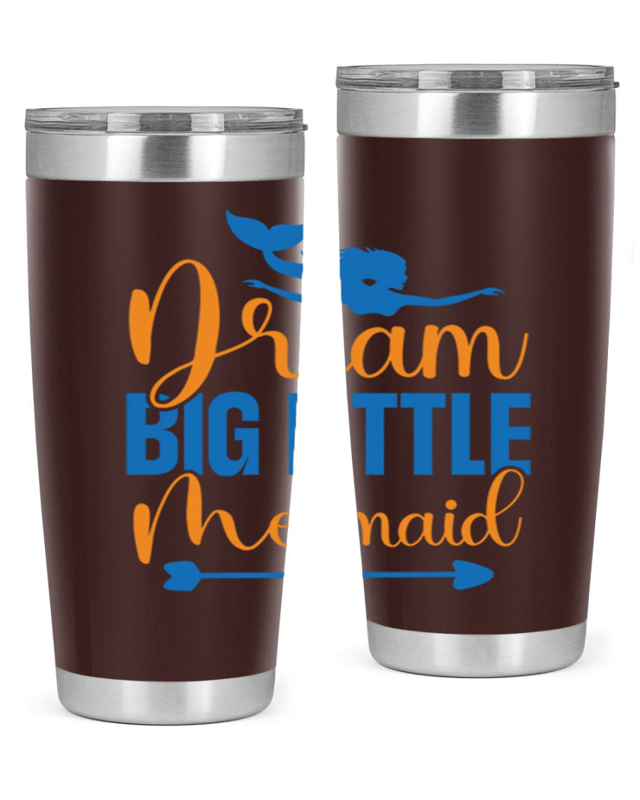 Dream Big Little Mermaid tumbler in vibrant colors, showcasing its double wall stainless steel design and drink-thru lid.