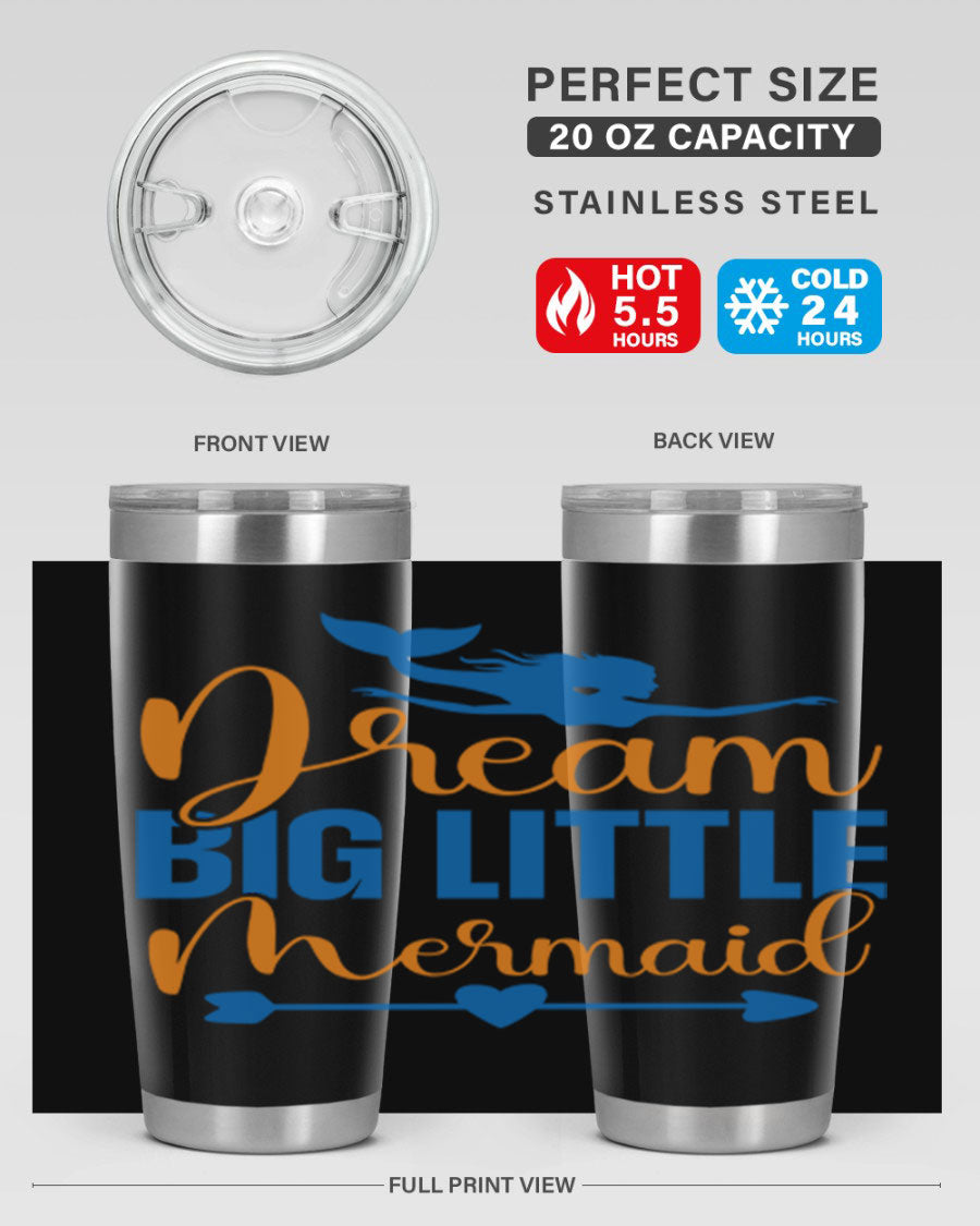 Dream Big Little Mermaid tumbler in vibrant colors, showcasing its double wall stainless steel design and drink-thru lid.