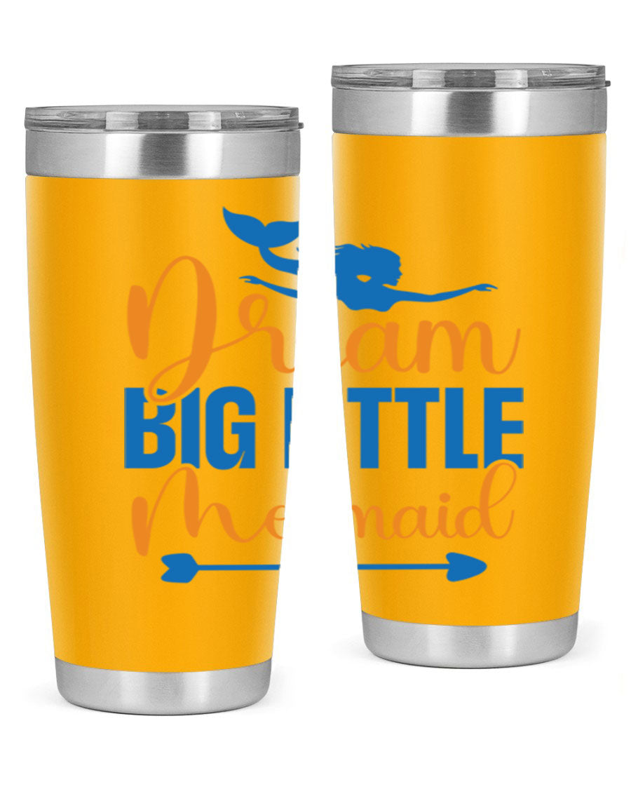 Dream Big Little Mermaid tumbler in vibrant colors, showcasing its double wall stainless steel design and drink-thru lid.