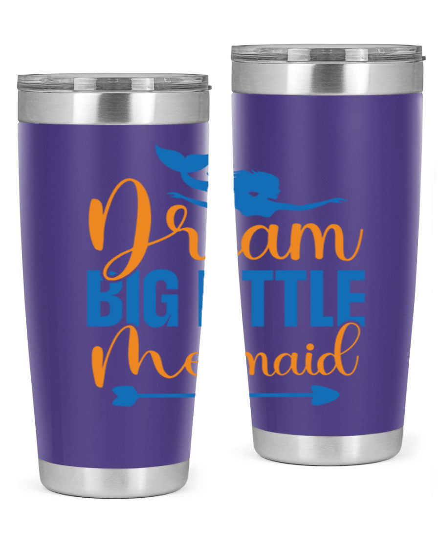 Dream Big Little Mermaid tumbler in vibrant colors, showcasing its double wall stainless steel design and drink-thru lid.