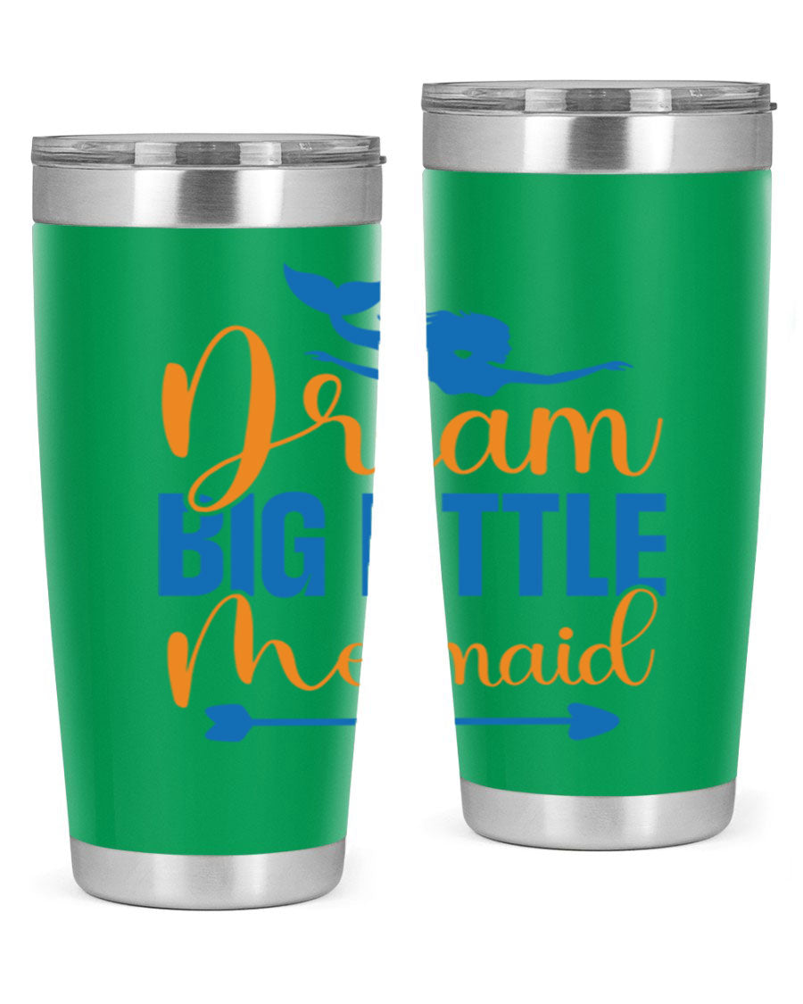 Dream Big Little Mermaid tumbler in vibrant colors, showcasing its double wall stainless steel design and drink-thru lid.