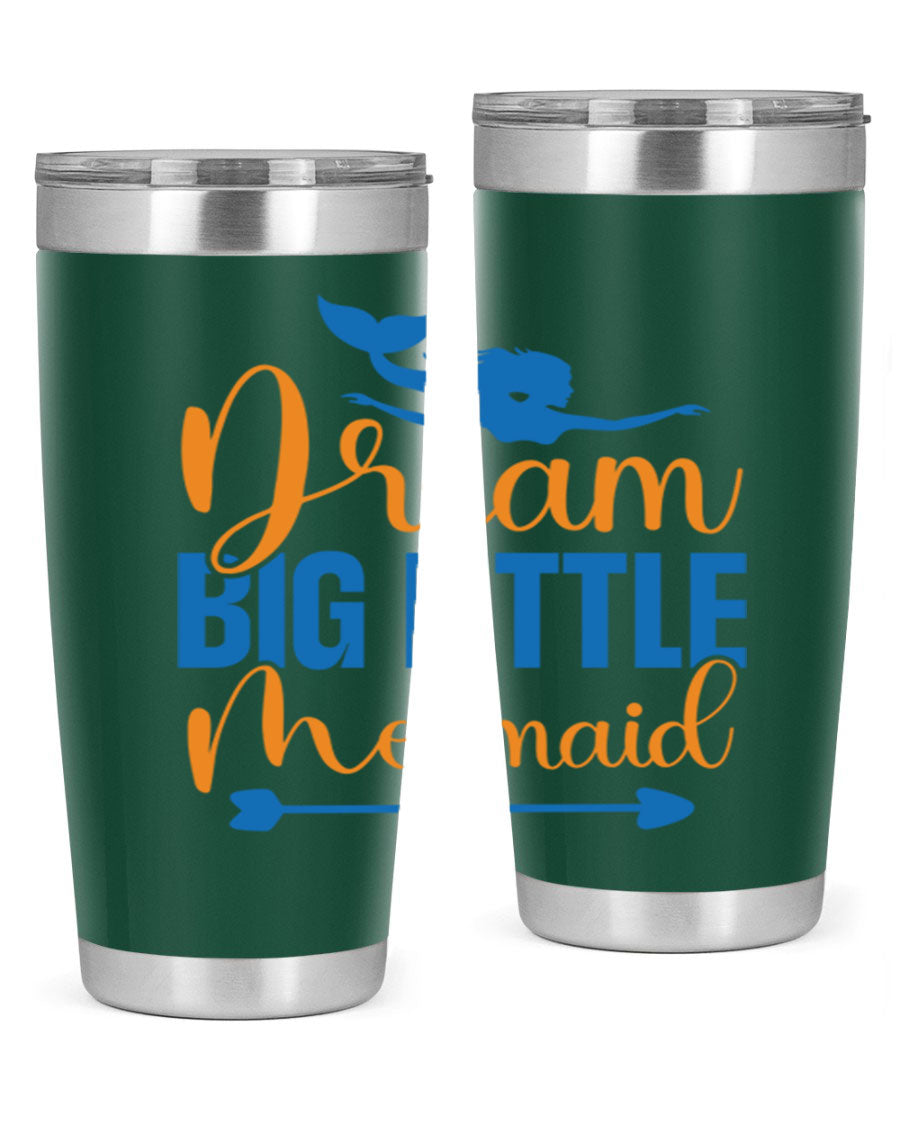 Dream Big Little Mermaid tumbler in vibrant colors, showcasing its double wall stainless steel design and drink-thru lid.
