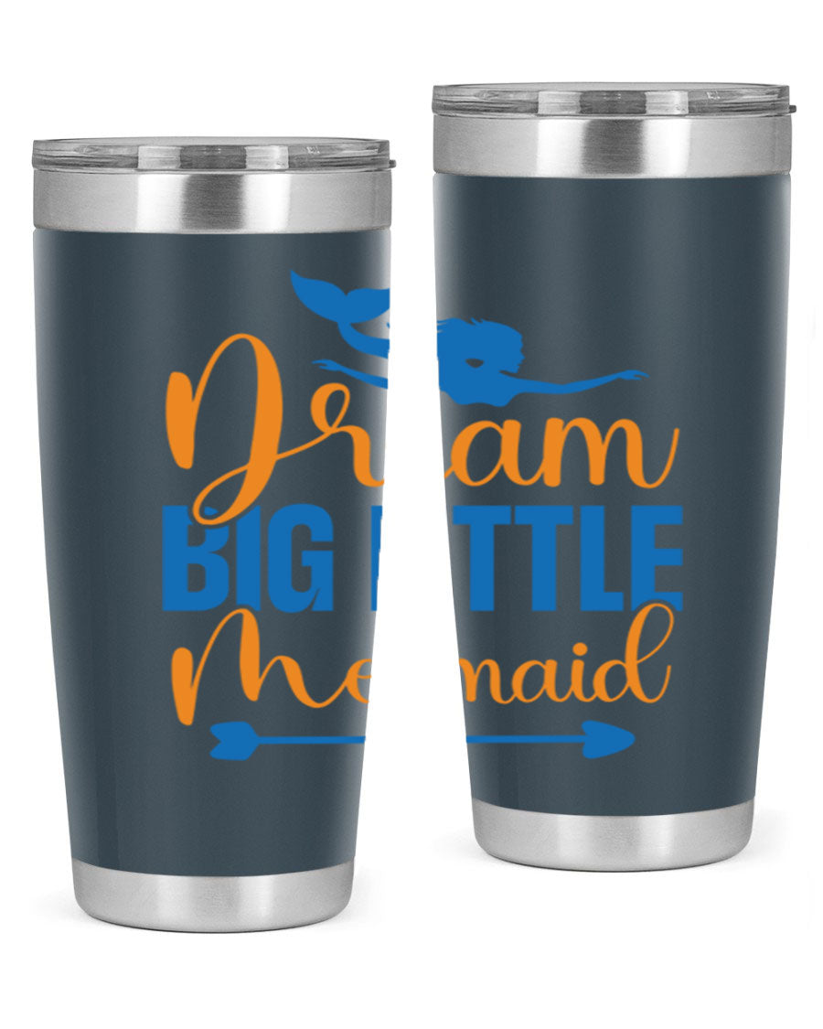 Dream Big Little Mermaid tumbler in vibrant colors, showcasing its double wall stainless steel design and drink-thru lid.