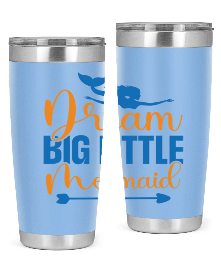 Dream Big Little Mermaid tumbler in vibrant colors, showcasing its double wall stainless steel design and drink-thru lid.