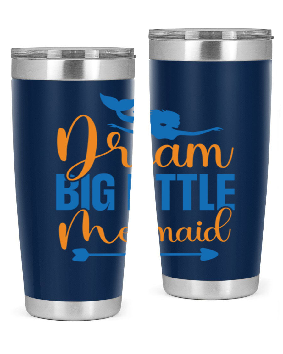 Dream Big Little Mermaid tumbler in vibrant colors, showcasing its double wall stainless steel design and drink-thru lid.
