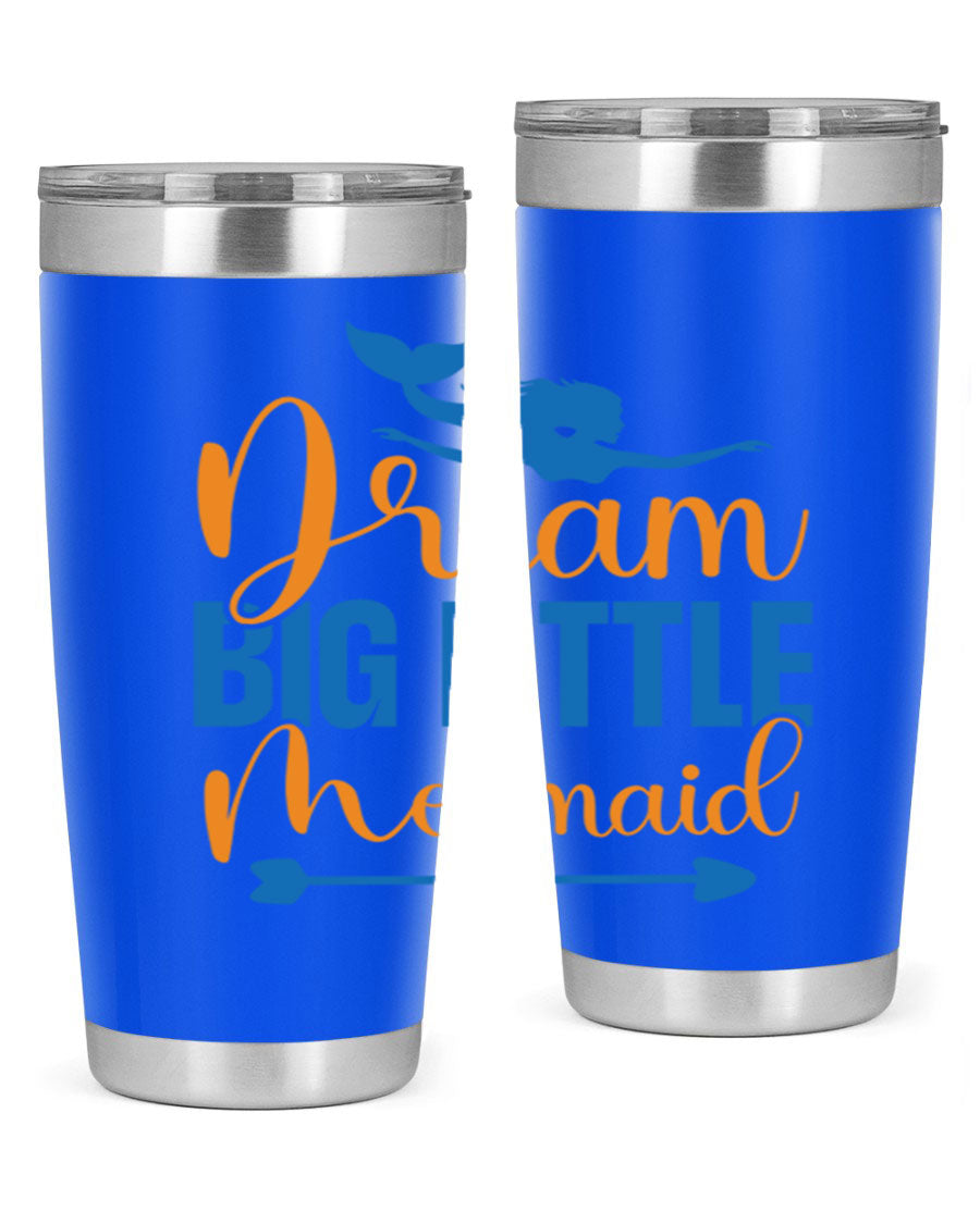 Dream Big Little Mermaid tumbler in vibrant colors, showcasing its double wall stainless steel design and drink-thru lid.