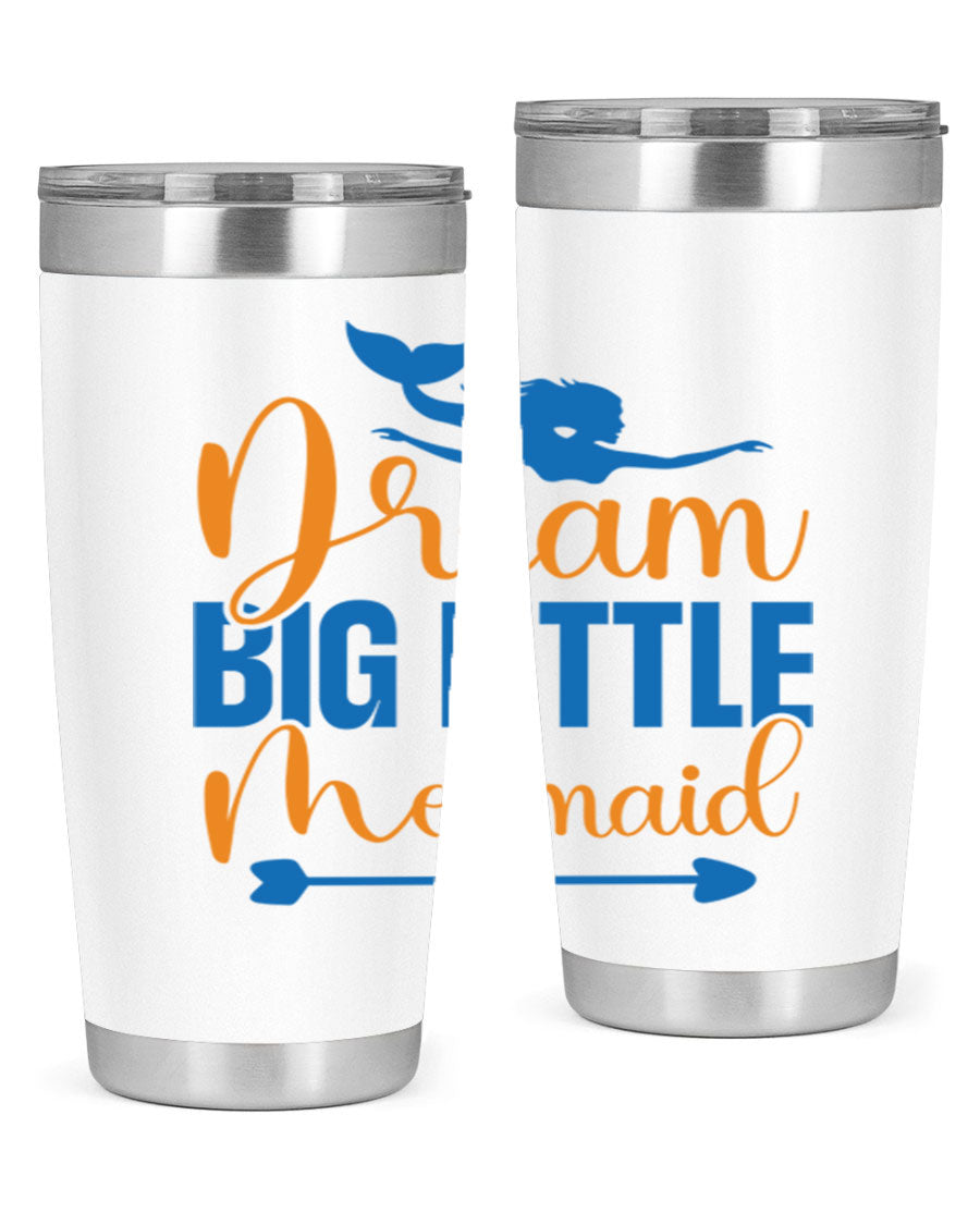 Dream Big Little Mermaid tumbler in vibrant colors, showcasing its double wall stainless steel design and drink-thru lid.
