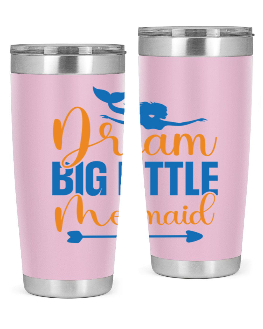 Dream Big Little Mermaid tumbler in vibrant colors, showcasing its double wall stainless steel design and drink-thru lid.