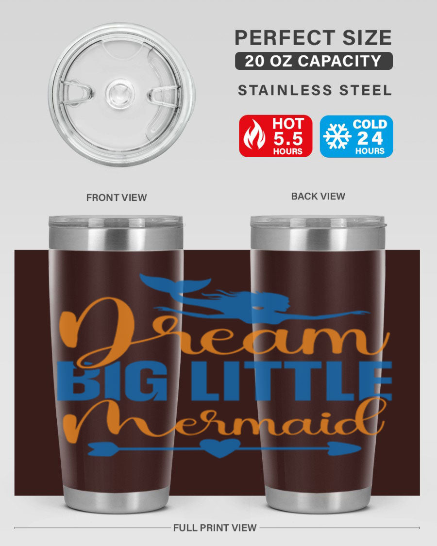 Dream Big Little Mermaid tumbler in vibrant colors, showcasing its double wall stainless steel design and drink-thru lid.