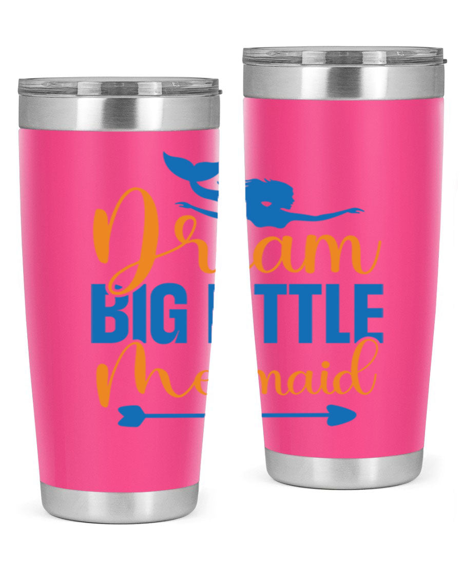 Dream Big Little Mermaid tumbler in vibrant colors, showcasing its double wall stainless steel design and drink-thru lid.