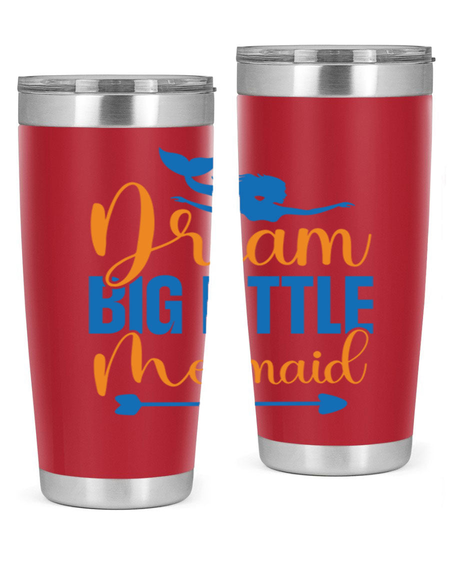 Dream Big Little Mermaid tumbler in vibrant colors, showcasing its double wall stainless steel design and drink-thru lid.