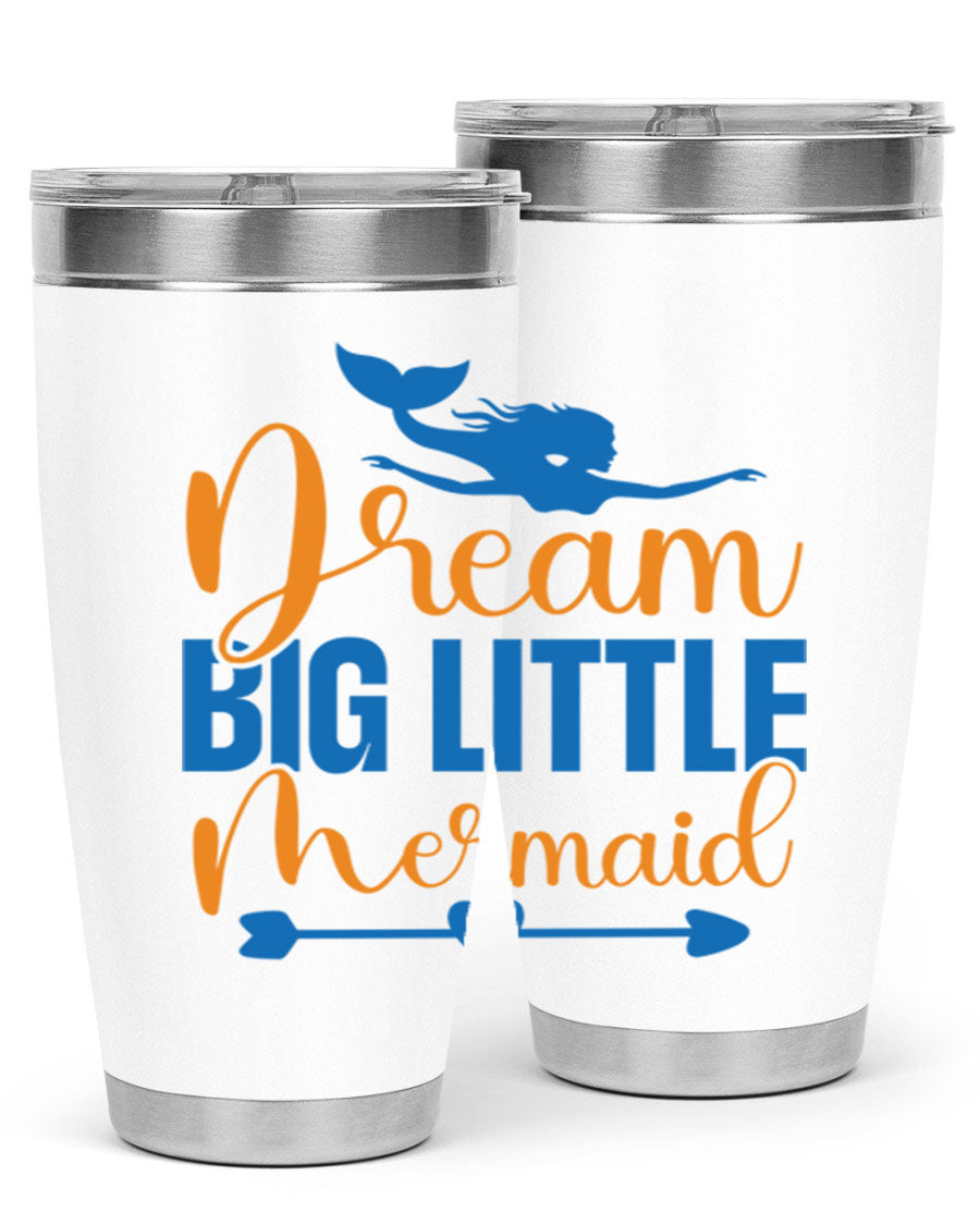 Dream Big Little Mermaid tumbler in vibrant colors, showcasing its double wall stainless steel design and drink-thru lid.