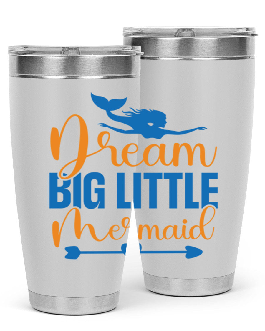 Dream Big Little Mermaid tumbler in vibrant colors, showcasing its double wall stainless steel design and drink-thru lid.