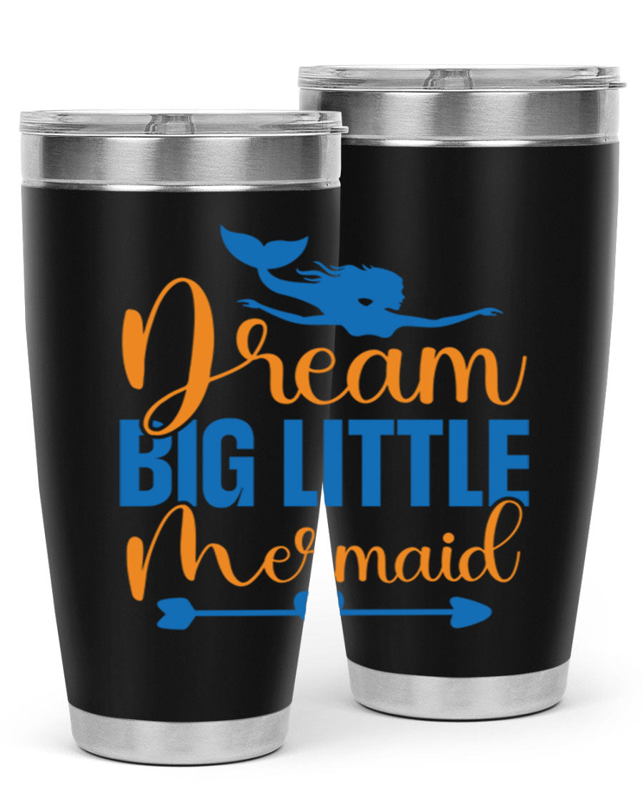 Dream Big Little Mermaid tumbler in vibrant colors, showcasing its double wall stainless steel design and drink-thru lid.