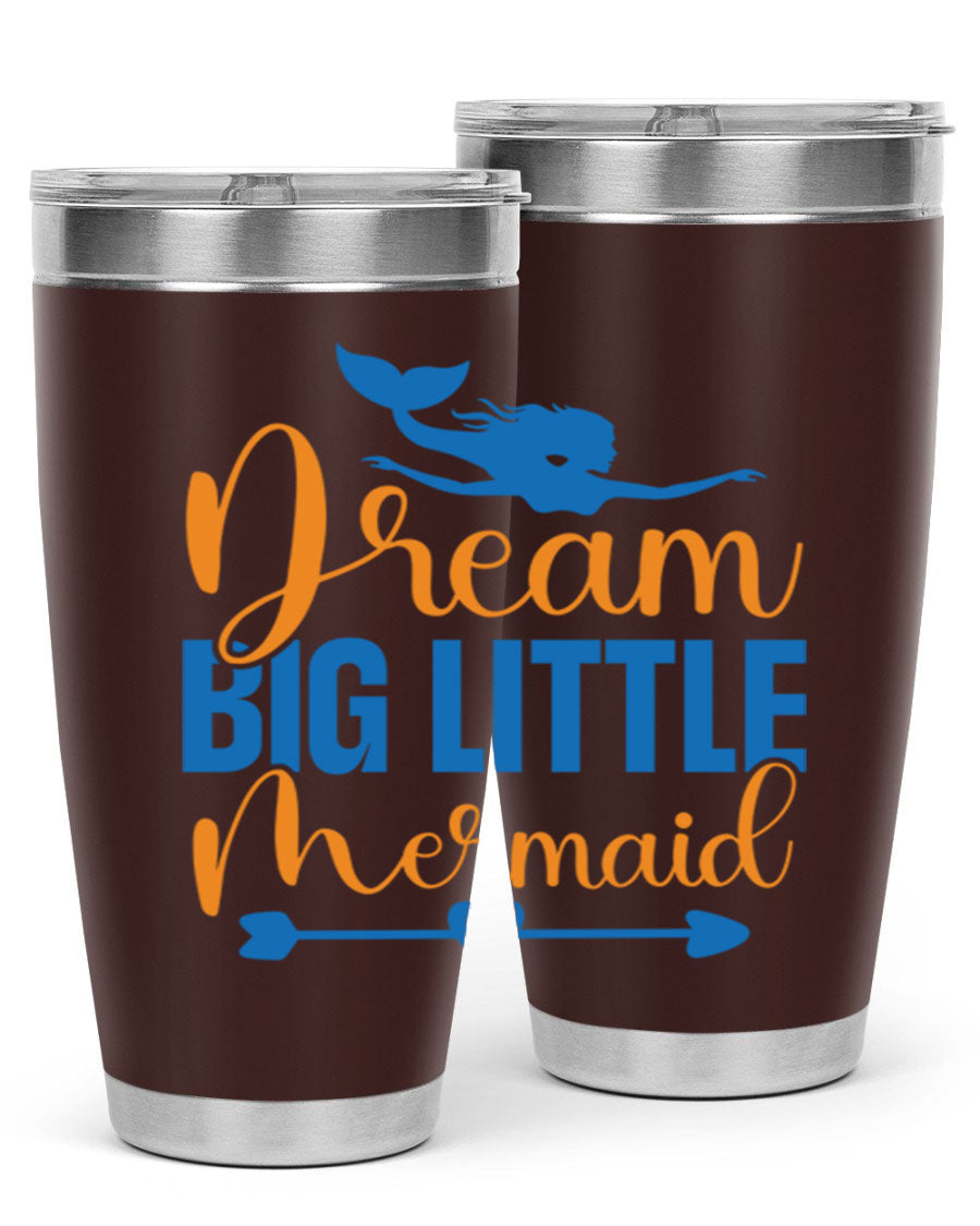 Dream Big Little Mermaid tumbler in vibrant colors, showcasing its double wall stainless steel design and drink-thru lid.