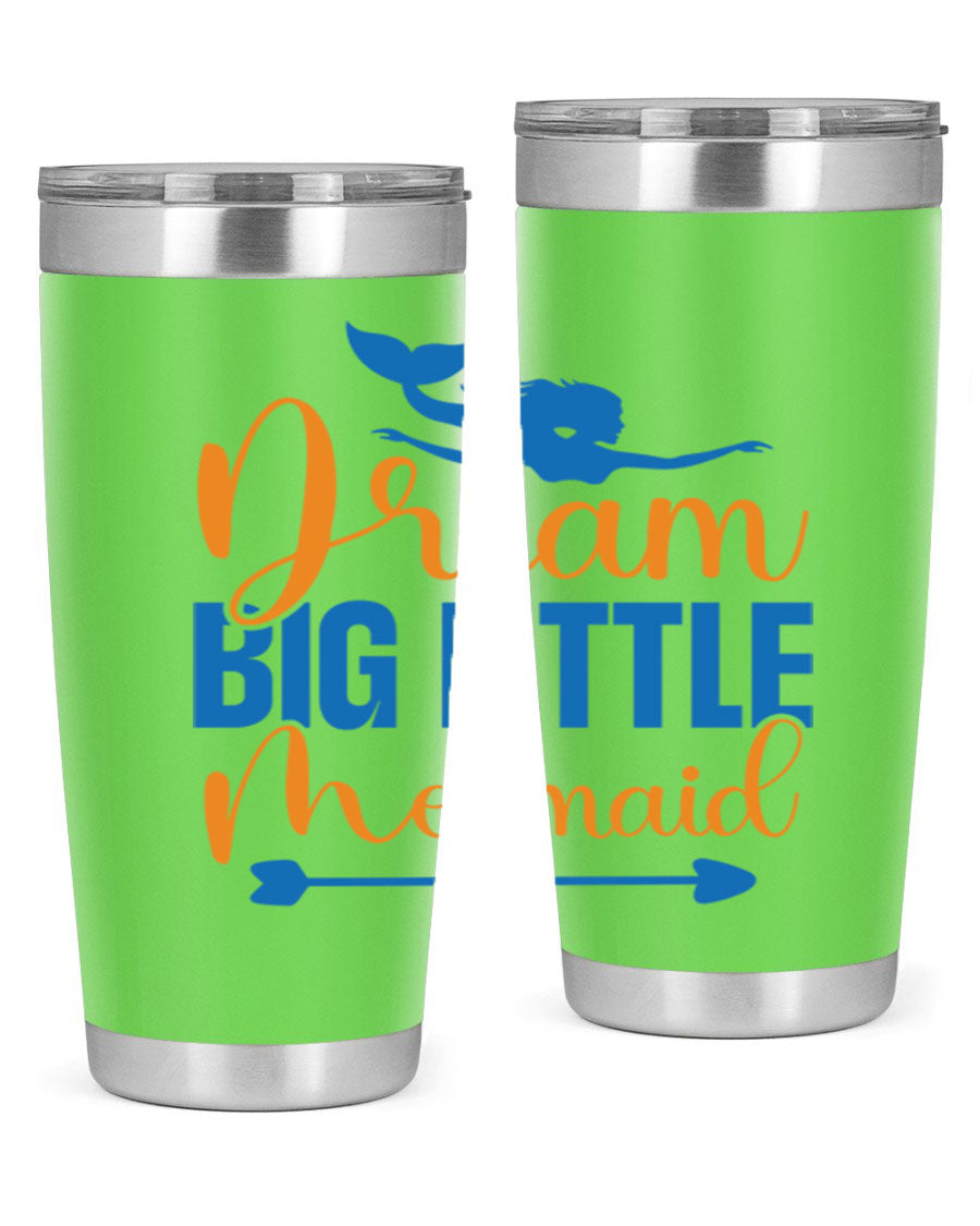 Dream Big Little Mermaid tumbler in vibrant colors, showcasing its double wall stainless steel design and drink-thru lid.