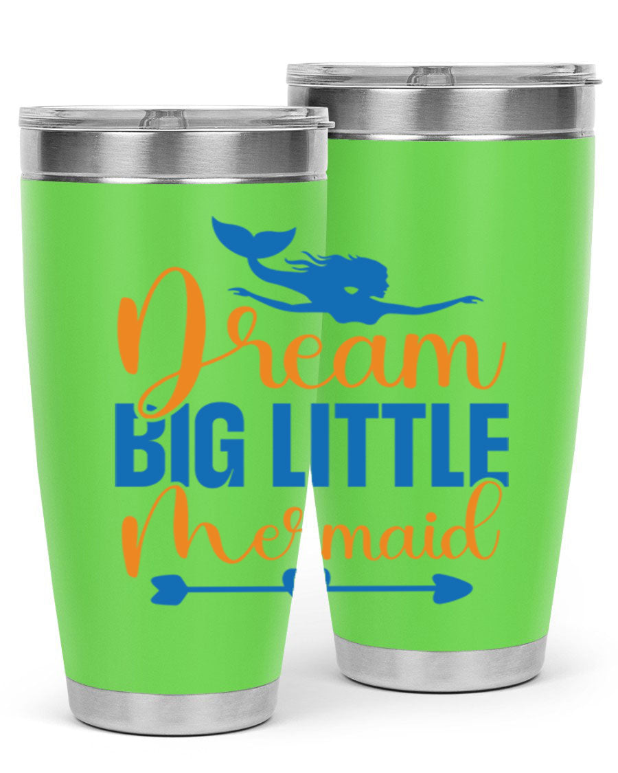 Dream Big Little Mermaid tumbler in vibrant colors, showcasing its double wall stainless steel design and drink-thru lid.