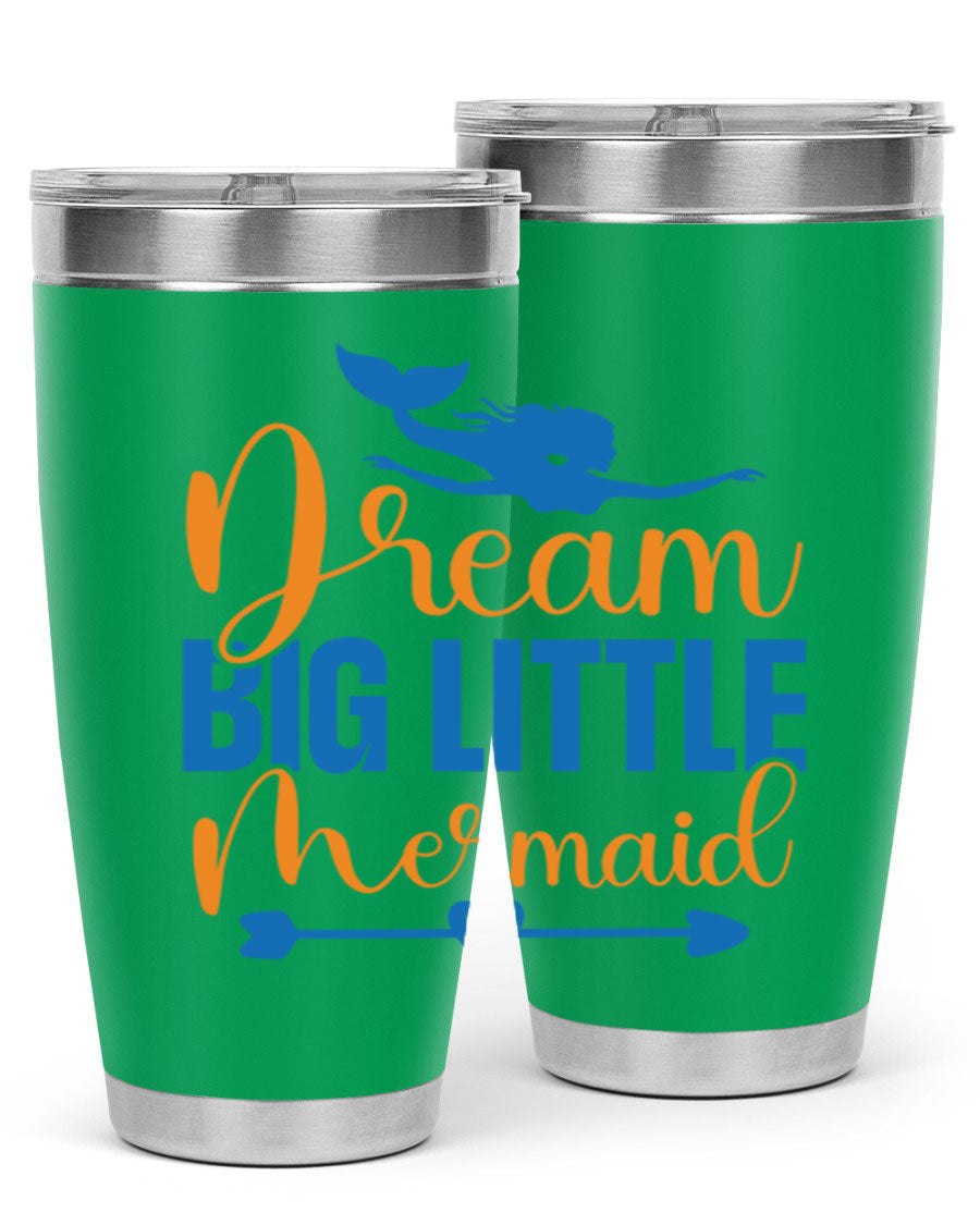 Dream Big Little Mermaid tumbler in vibrant colors, showcasing its double wall stainless steel design and drink-thru lid.