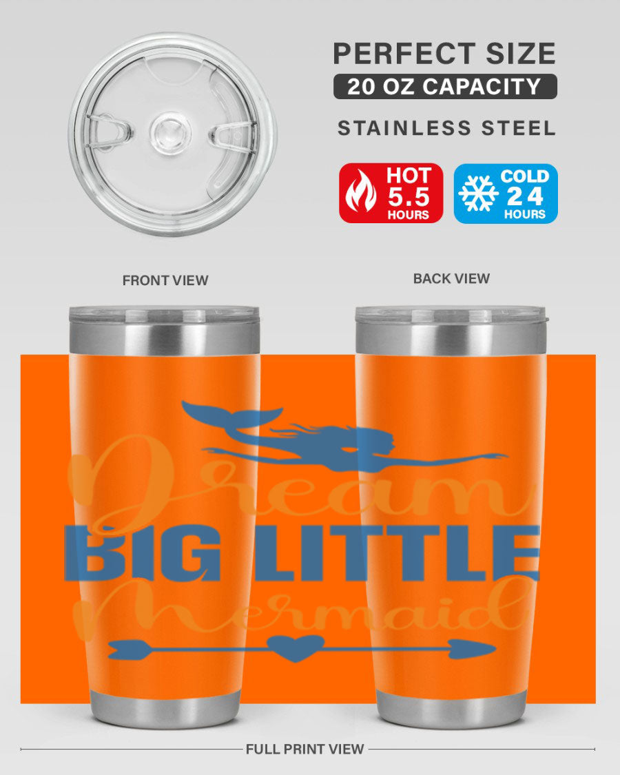 Dream Big Little Mermaid tumbler in vibrant colors, showcasing its double wall stainless steel design and drink-thru lid.