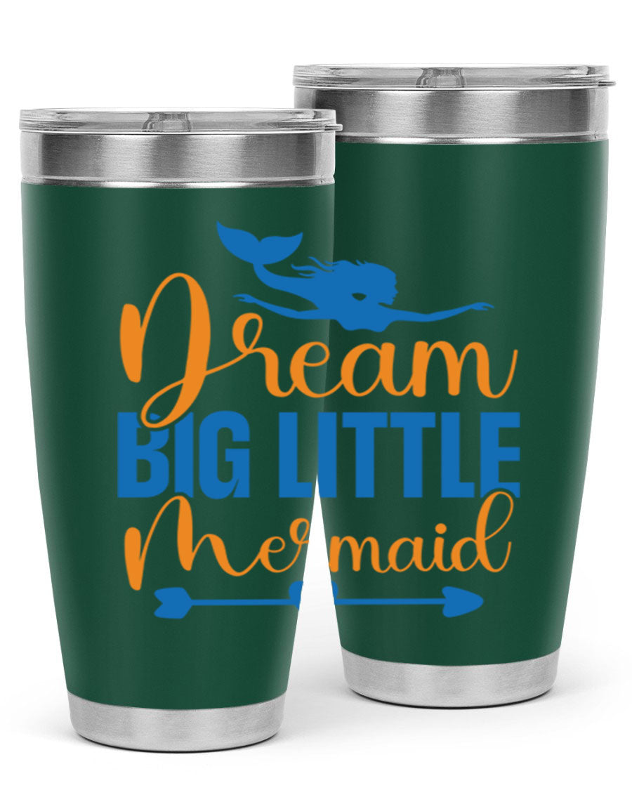 Dream Big Little Mermaid tumbler in vibrant colors, showcasing its double wall stainless steel design and drink-thru lid.