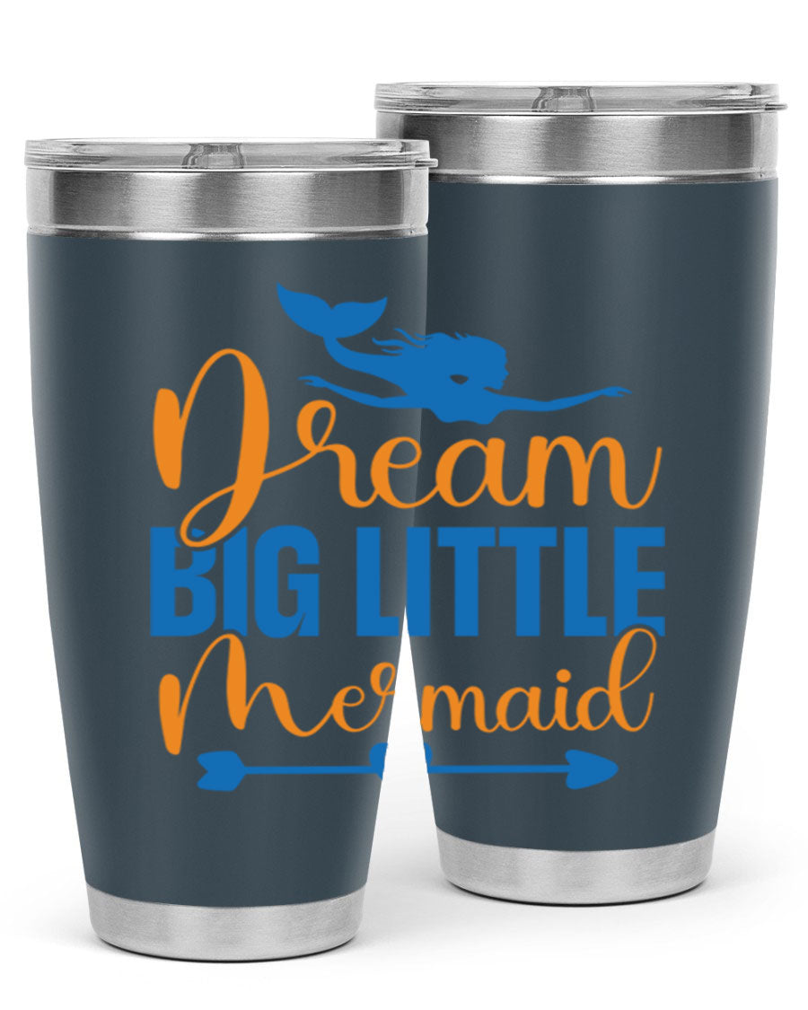 Dream Big Little Mermaid tumbler in vibrant colors, showcasing its double wall stainless steel design and drink-thru lid.