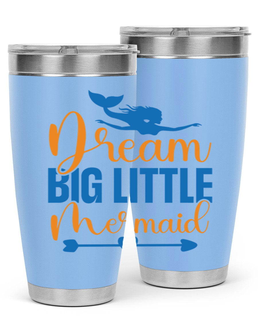 Dream Big Little Mermaid tumbler in vibrant colors, showcasing its double wall stainless steel design and drink-thru lid.