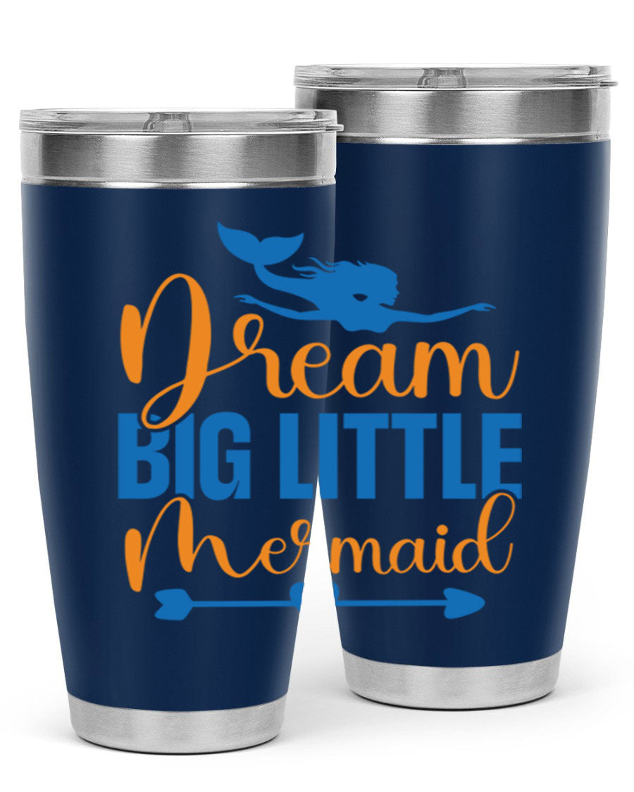 Dream Big Little Mermaid tumbler in vibrant colors, showcasing its double wall stainless steel design and drink-thru lid.