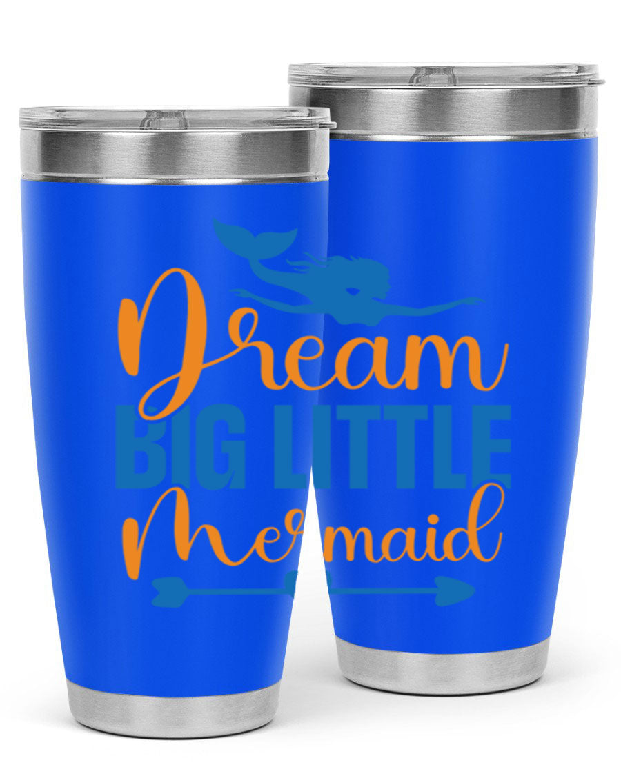 Dream Big Little Mermaid tumbler in vibrant colors, showcasing its double wall stainless steel design and drink-thru lid.