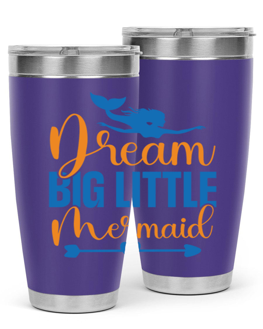Dream Big Little Mermaid tumbler in vibrant colors, showcasing its double wall stainless steel design and drink-thru lid.