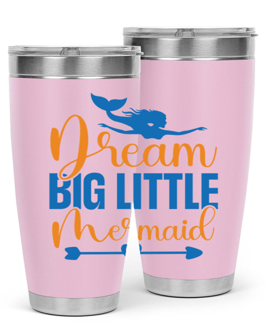 Dream Big Little Mermaid tumbler in vibrant colors, showcasing its double wall stainless steel design and drink-thru lid.