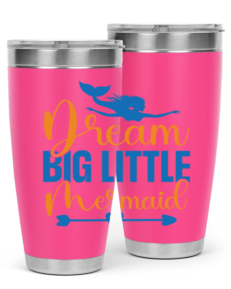 Dream Big Little Mermaid tumbler in vibrant colors, showcasing its double wall stainless steel design and drink-thru lid.