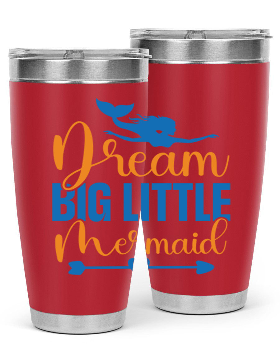 Dream Big Little Mermaid tumbler in vibrant colors, showcasing its double wall stainless steel design and drink-thru lid.