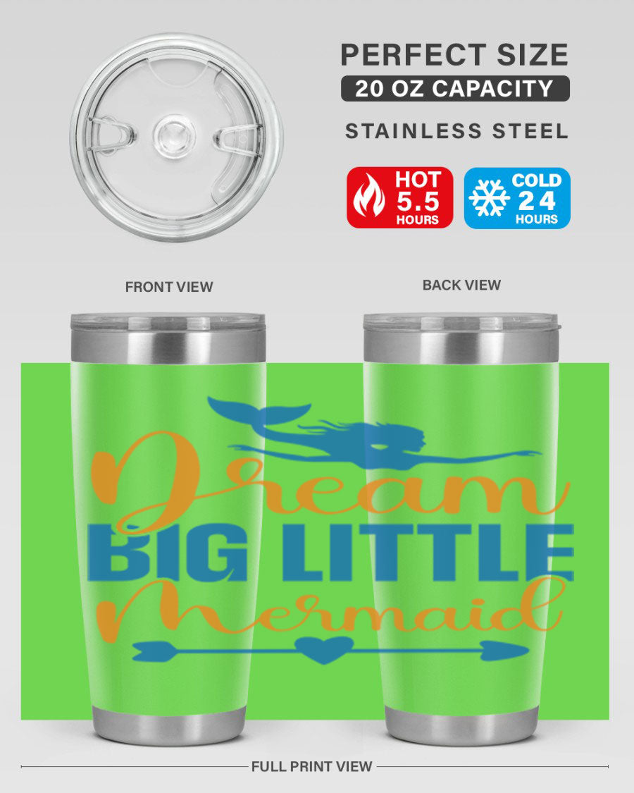 Dream Big Little Mermaid tumbler in vibrant colors, showcasing its double wall stainless steel design and drink-thru lid.