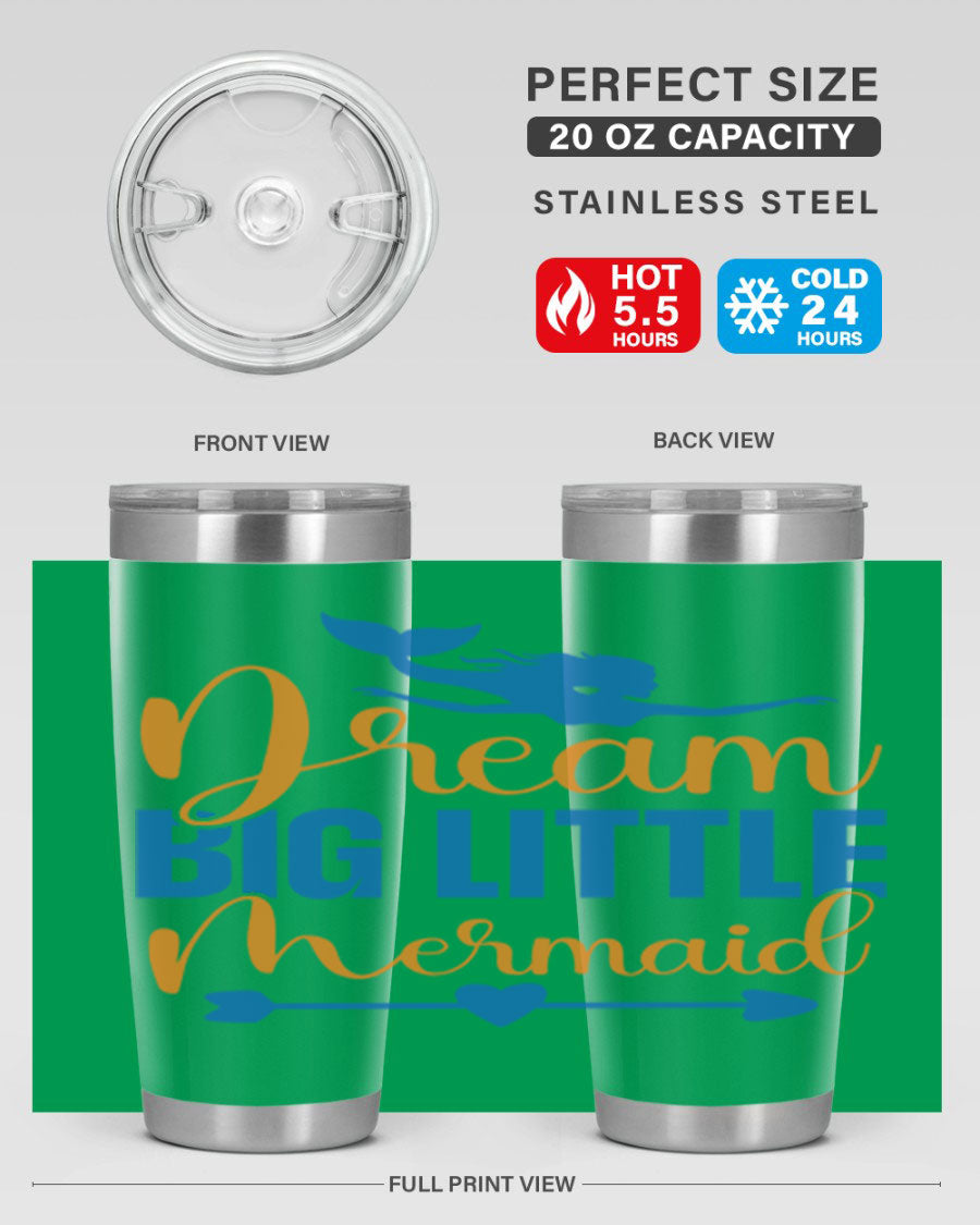 Dream Big Little Mermaid tumbler in vibrant colors, showcasing its double wall stainless steel design and drink-thru lid.