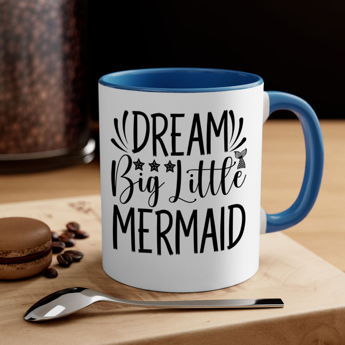 Dream Big Little Mermaid Mug with two-tone design, featuring a colored handle and glossy finish, available in multiple colors.