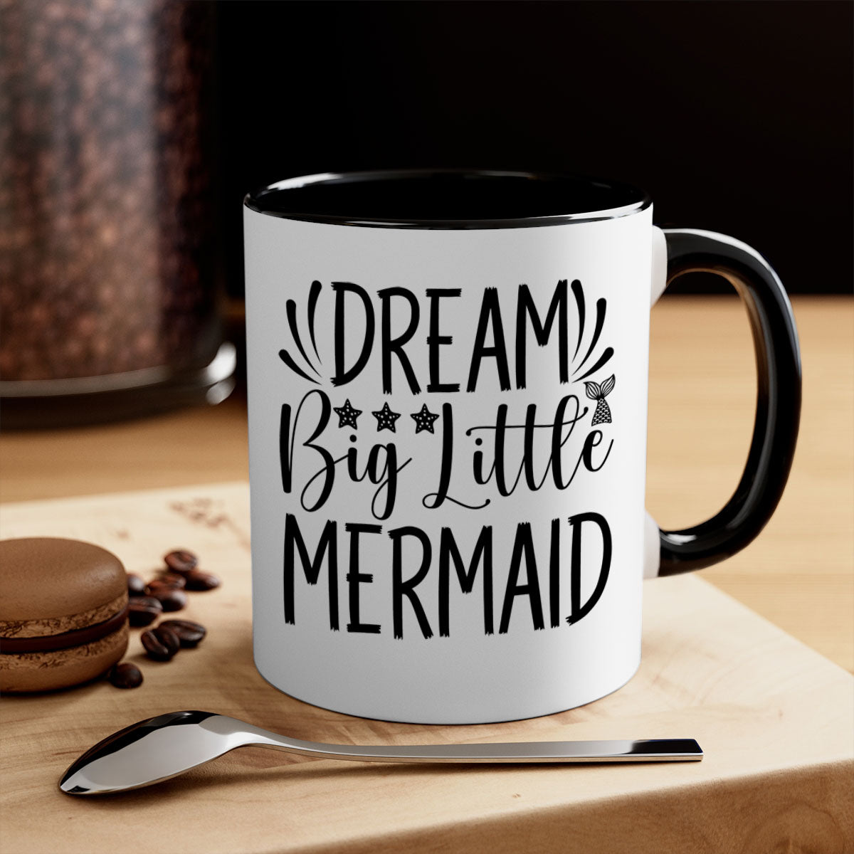 Dream Big Little Mermaid Mug with two-tone design, featuring a colored handle and glossy finish, available in multiple colors.