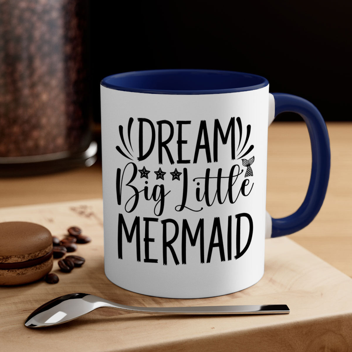 Dream Big Little Mermaid Mug with two-tone design, featuring a colored handle and glossy finish, available in multiple colors.