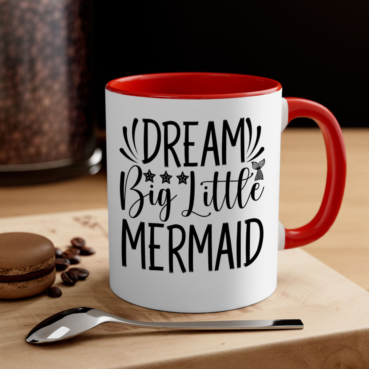 Dream Big Little Mermaid Mug with two-tone design, featuring a colored handle and glossy finish, available in multiple colors.