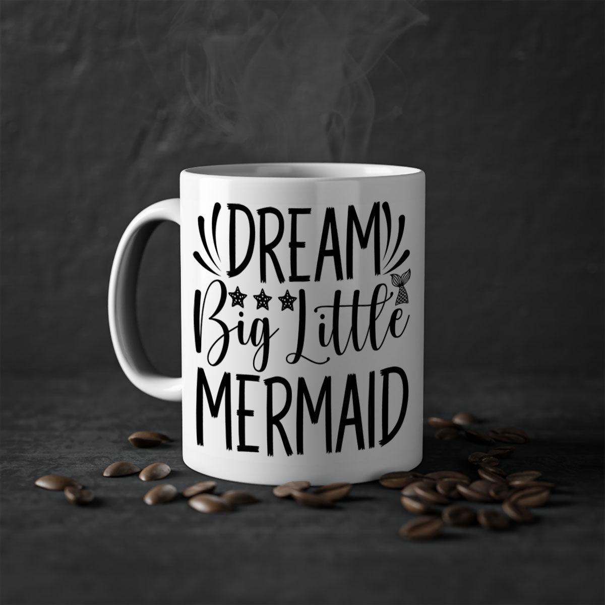 Dream Big Little Mermaid Mug with two-tone design, featuring a colored handle and glossy finish, available in multiple colors.