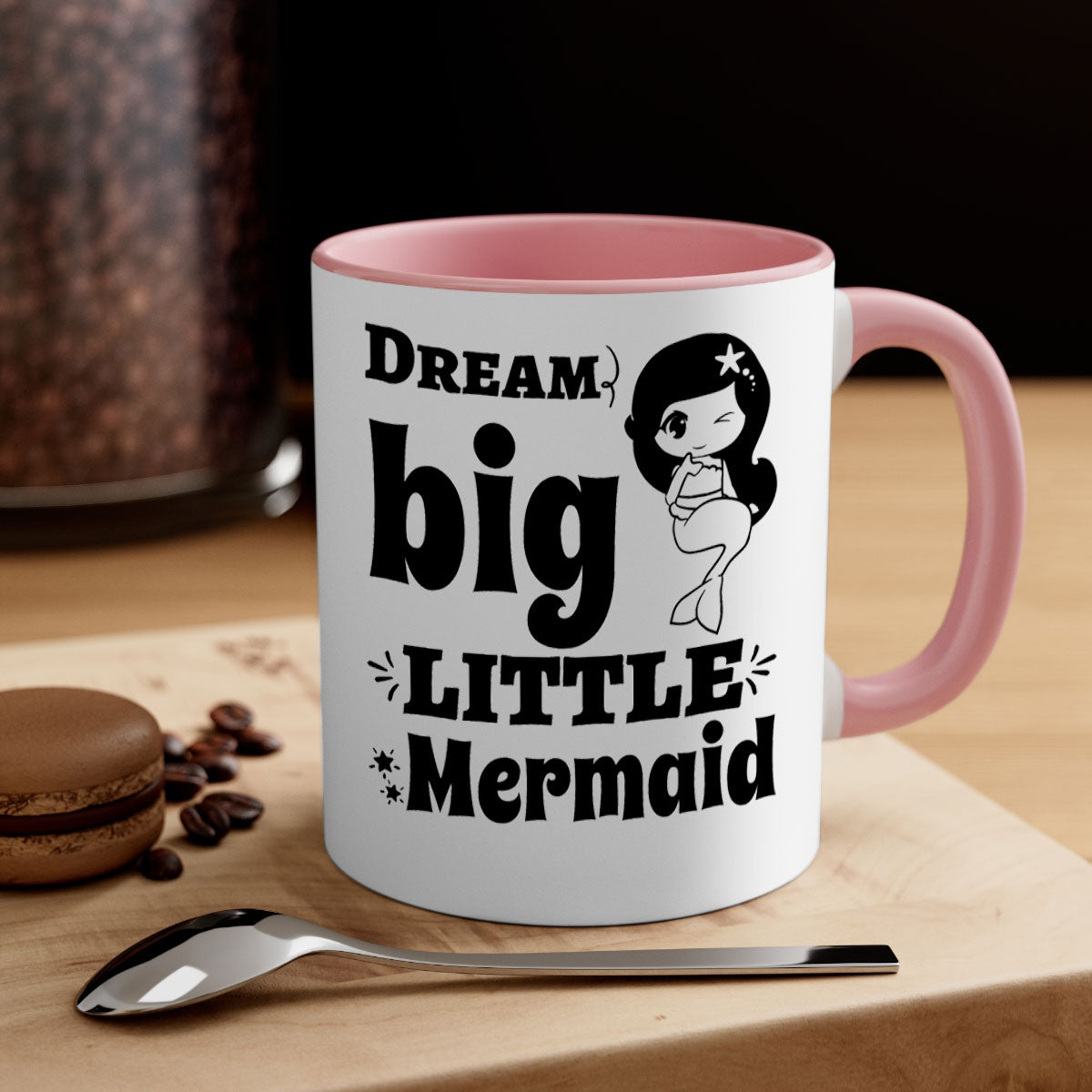 Dream Big Little Mermaid Mug with colorful handle and interior, featuring a glossy finish and whimsical design.