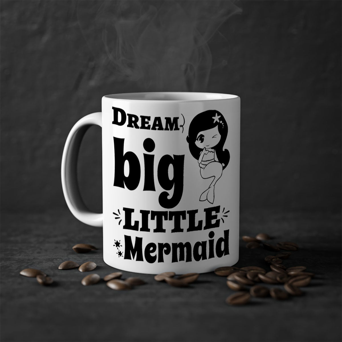 Dream Big Little Mermaid Mug with colorful handle and interior, featuring a glossy finish and whimsical design.