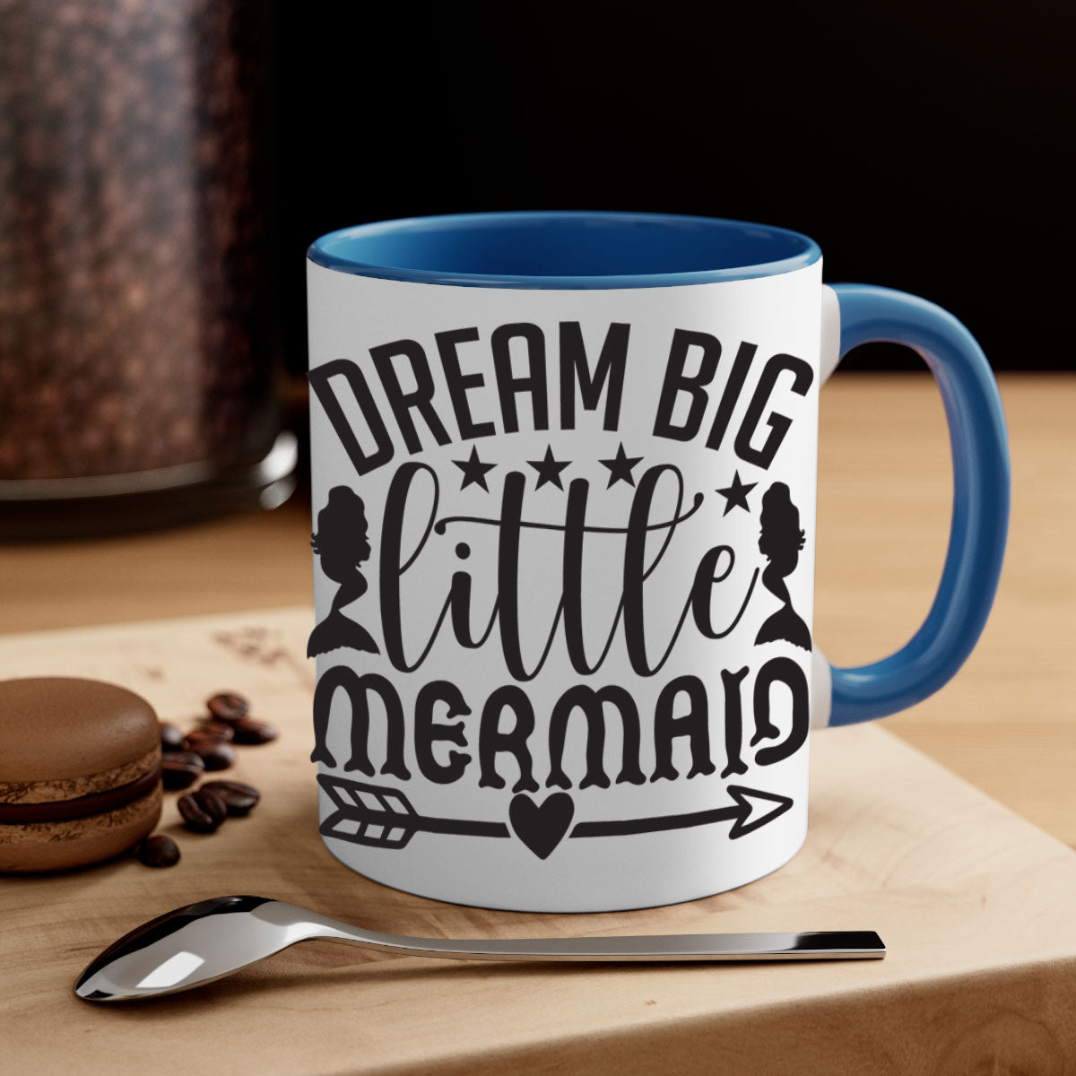 Dream Big Little Mermaid Mug featuring a glossy finish, colorful handle, and interior, available in five colors.