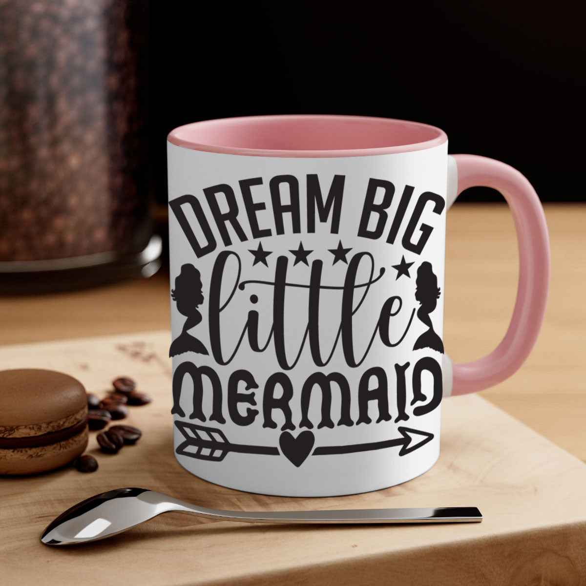 Dream Big Little Mermaid Mug featuring a glossy finish, colorful handle, and interior, available in five colors.