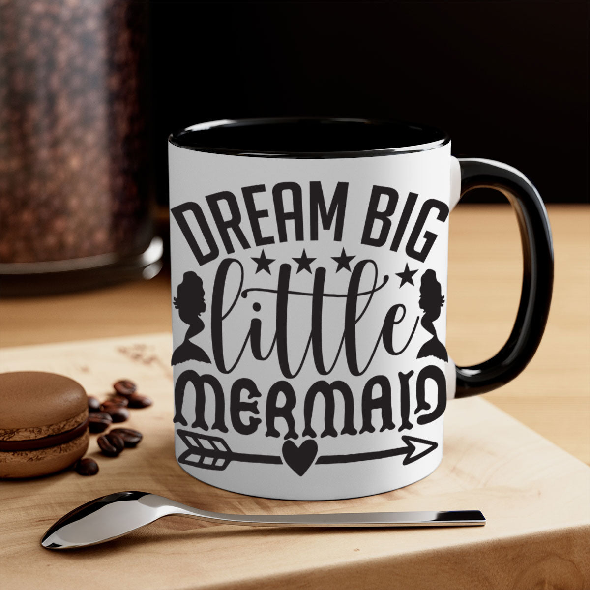 Dream Big Little Mermaid Mug featuring a glossy finish, colorful handle, and interior, available in five colors.